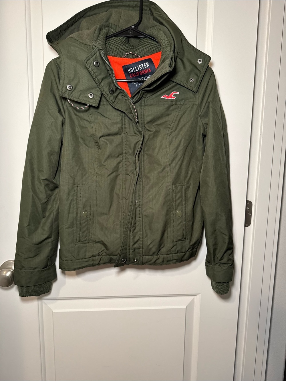 Hollister Olive Green Hooded Puffer Jacket with Orange Trim